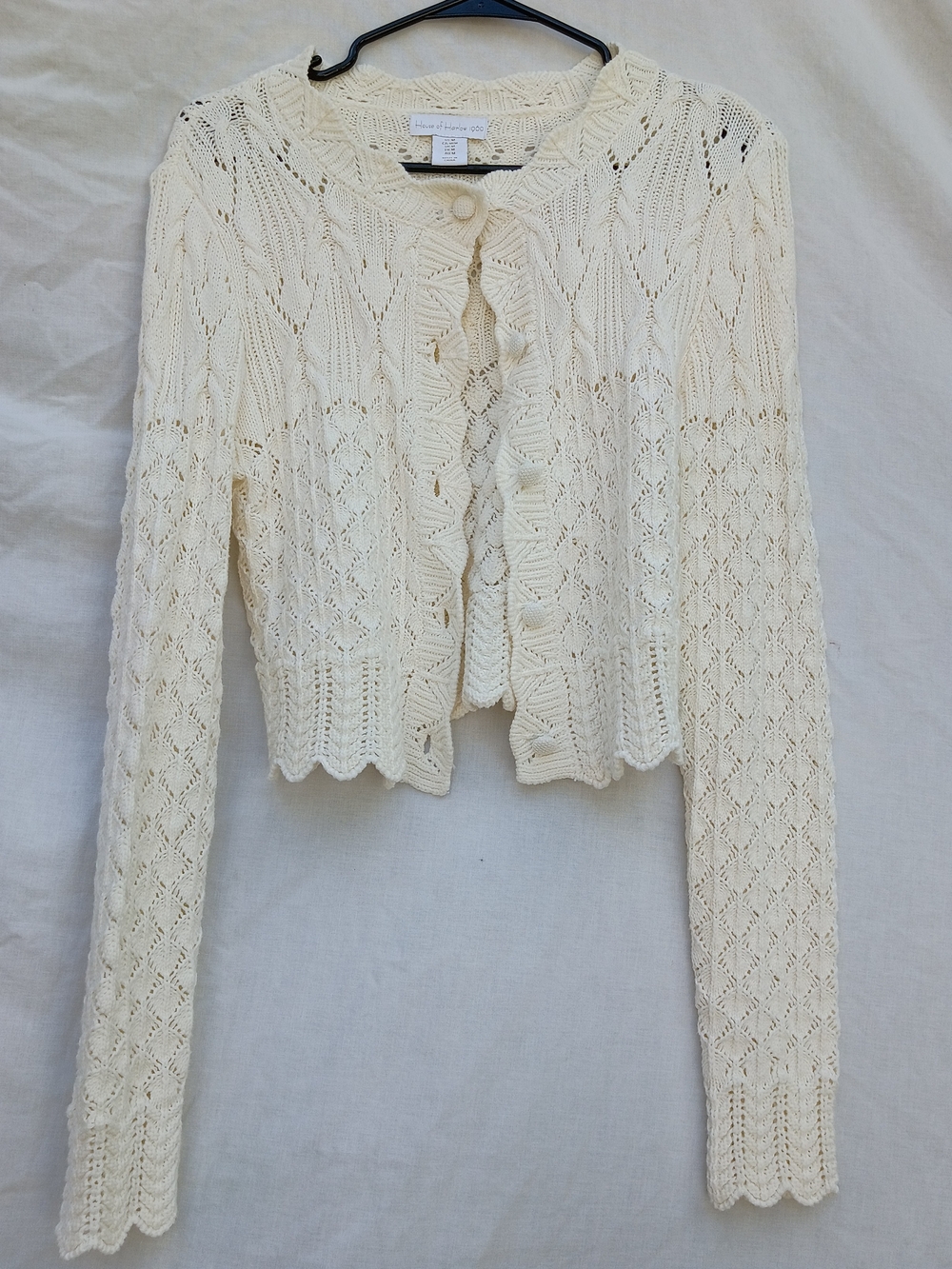 House of Harlow 1960 Cream Openwork Cropped Knit Cardigan Scallop Hem Sz Medium